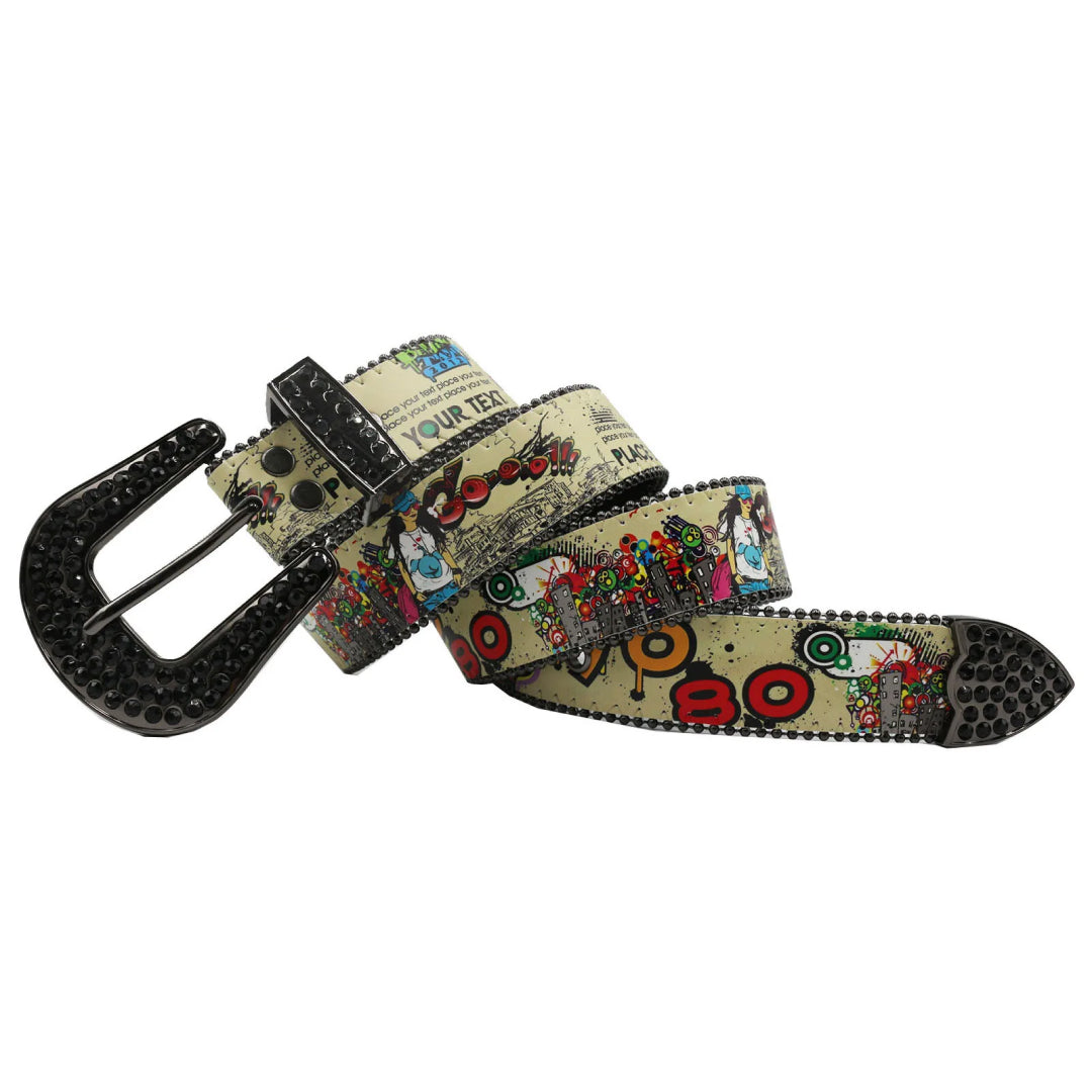 Black Buckle Texted Strap With Black Studdent Rhinestone Belt