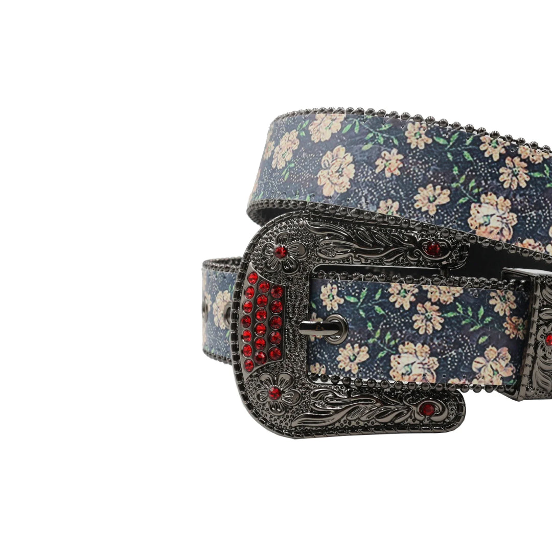 Black Buckle Flower Strap With Red Studdent Rhinestone Belt