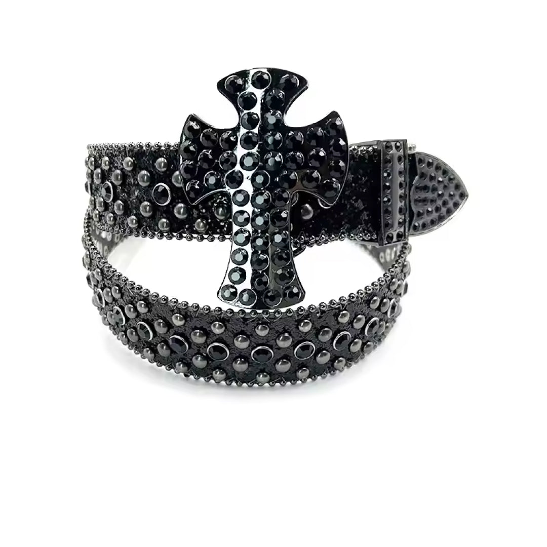 Cross Buckle Black Strap WIth Black Crystal Studded Rhinestone Belt