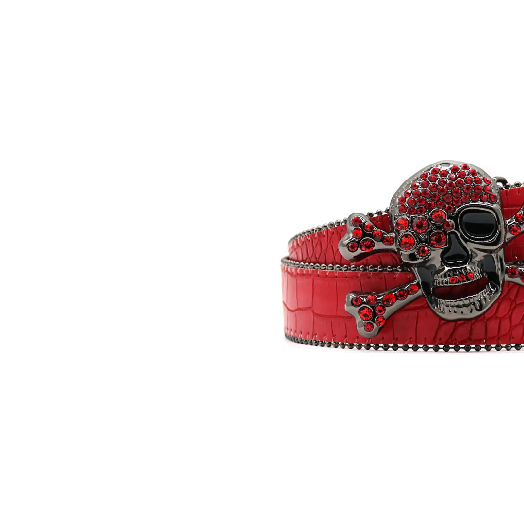 Skull Buckle With Red Fiery Sparkling Studded Bling Rhinestone Belt