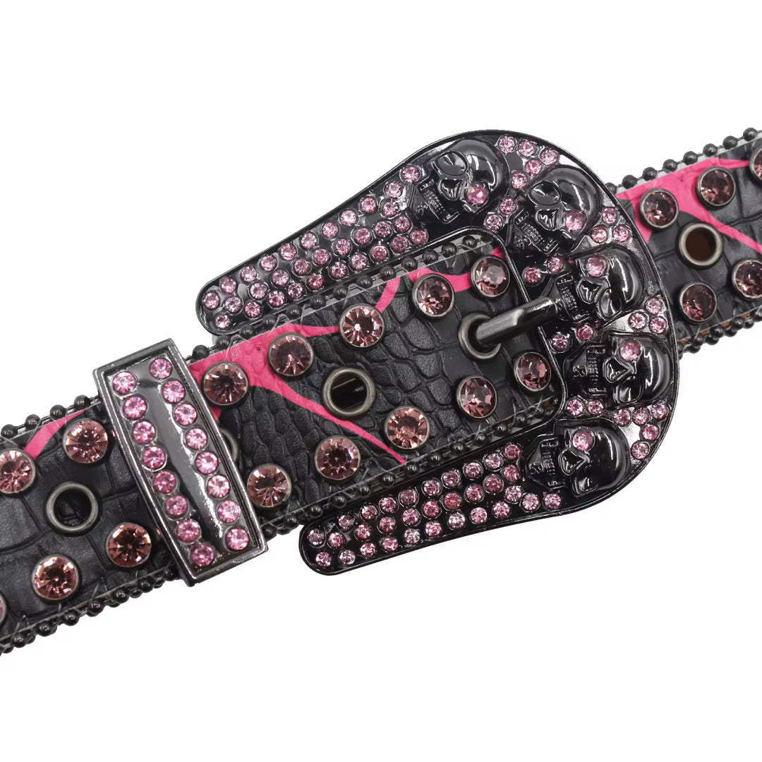Skull Buckle Black Strap With Pink Crystal Studded Rhinestone Belt