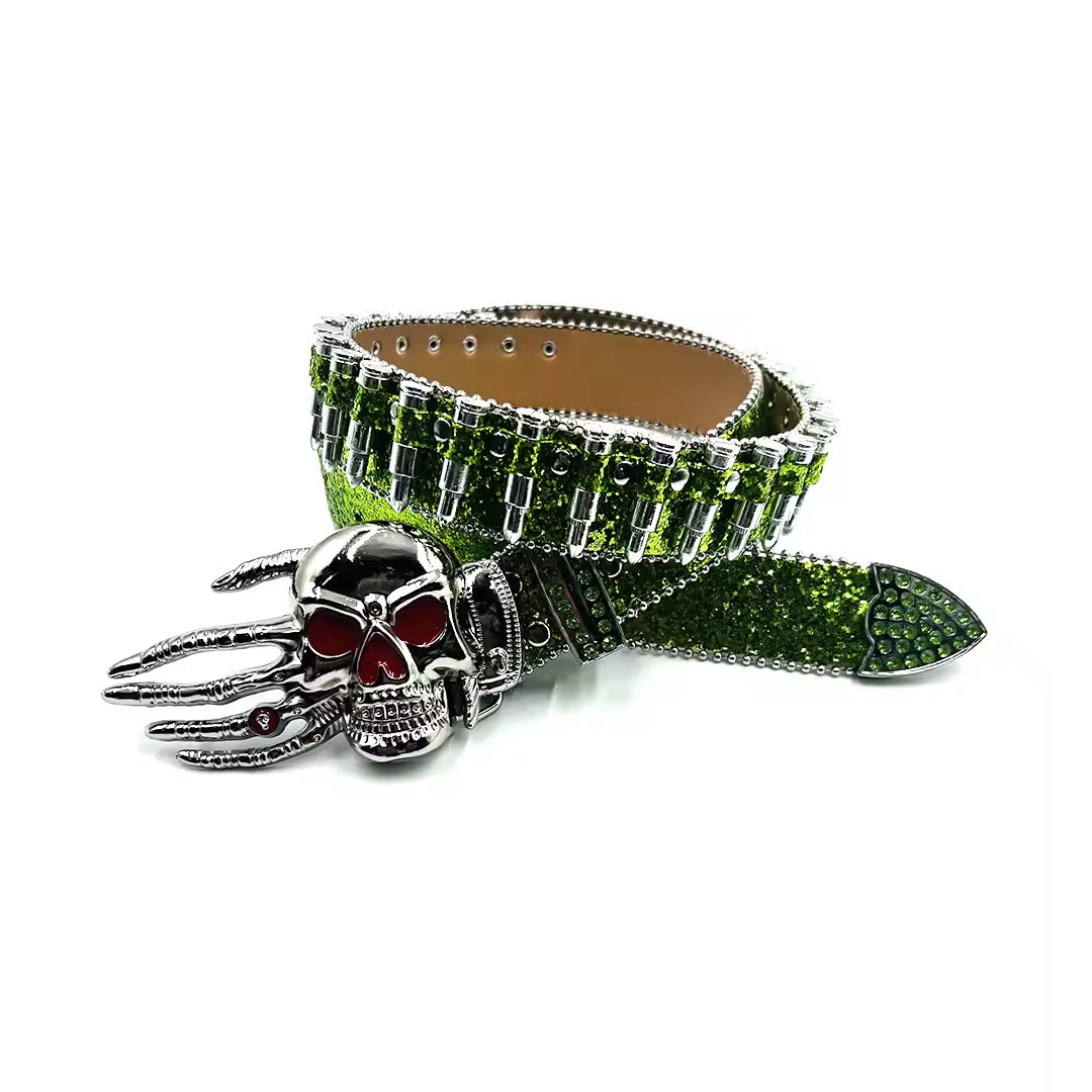 Skull Buckle Glitter Green Strap Bullet Studded Rhinestone Belt