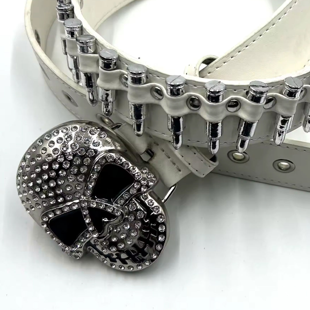 Skull Buckle with White Bullets Strap Rhinestone Belt