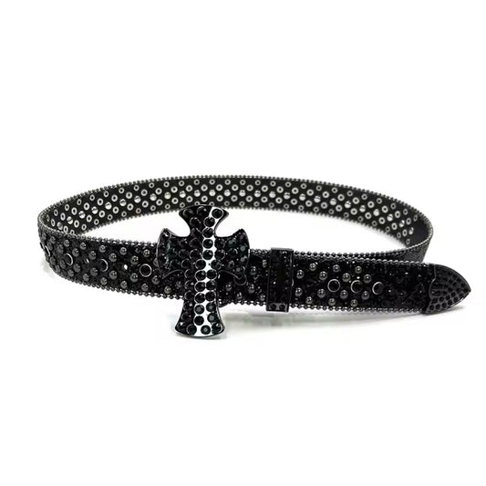 Cross Buckle Black Strap WIth Black Crystal Studded Rhinestone Belt