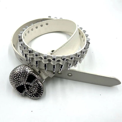 Skull Buckle with White Bullets Strap Rhinestone Belt