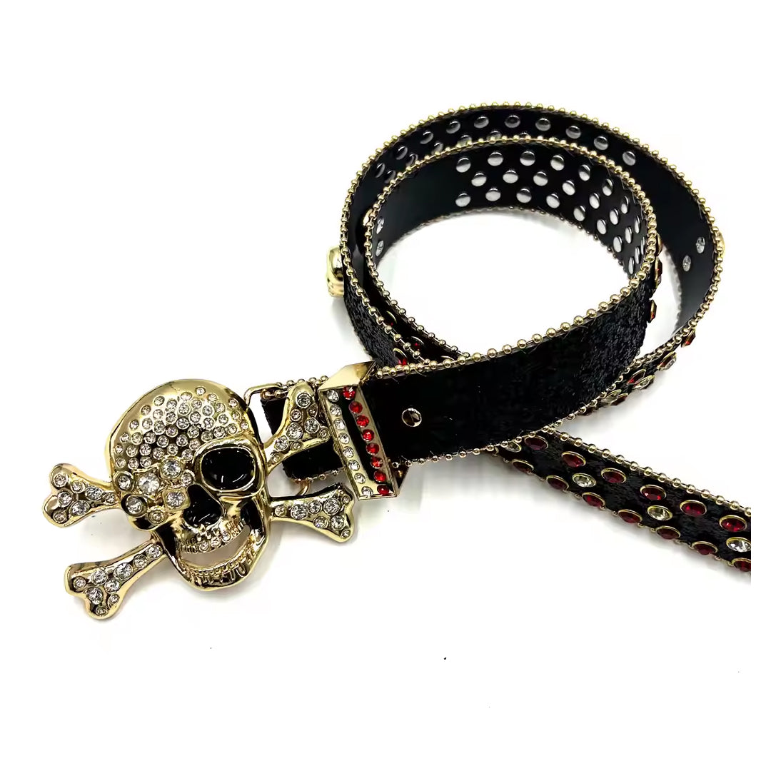 Skull Buckle With Black Strap With Red & Crystal Studded Rhinestone Belt