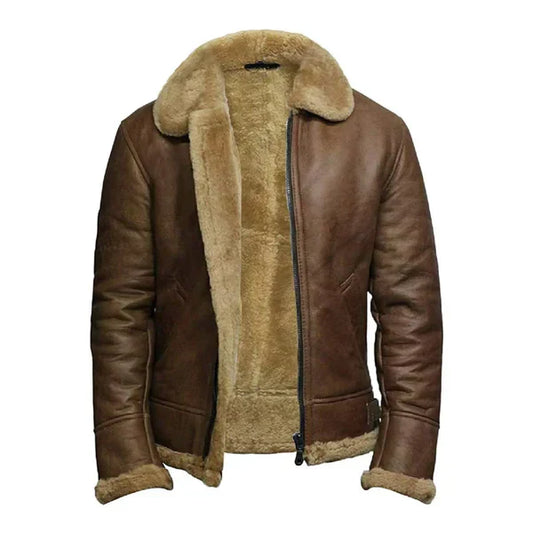 Men's Brown Vintage Faux Shearling Bomber Leather Jacket-Men Shearling Jacket-Premium Leather Store