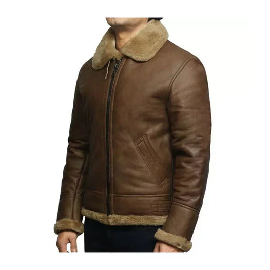 Men's Brown Vintage Faux Shearling Bomber Leather Jacket-Men Shearling Jacket-Premium Leather Store