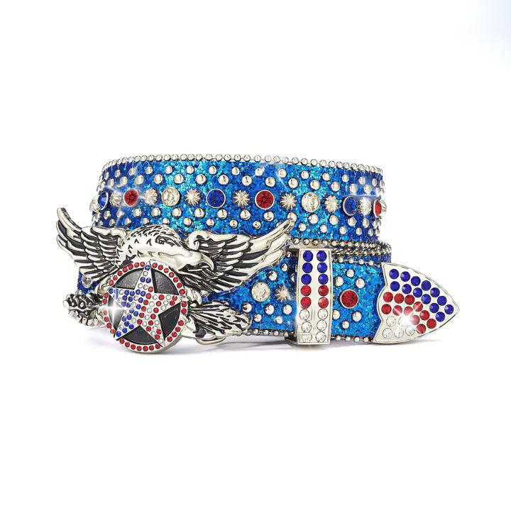 Eagle Buckle Blue Strap Crystal Studded Rhinestone Belt