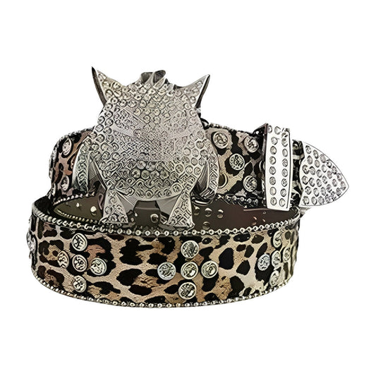 Monster Buckle Leopard Strap Crystal Studded Rhinestone Belt