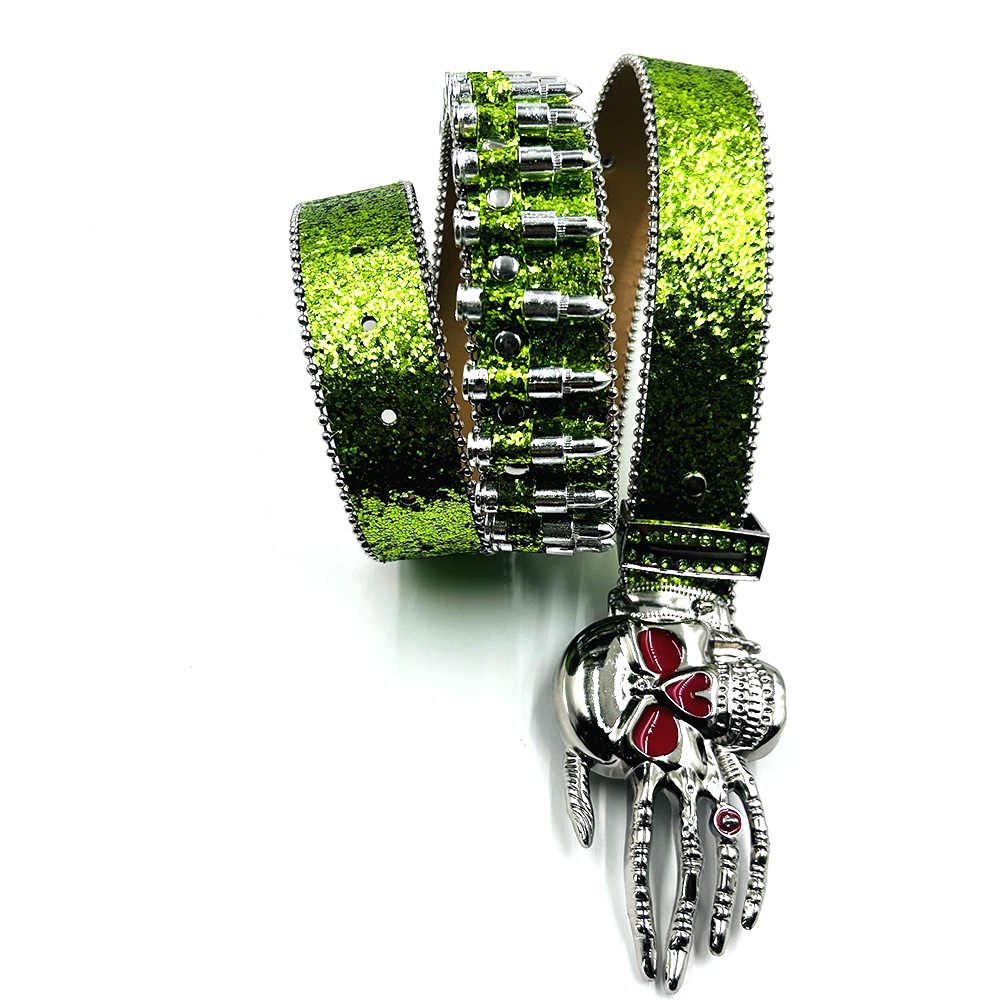 Skull Buckle Glitter Green Strap Bullet Studded Rhinestone Belt