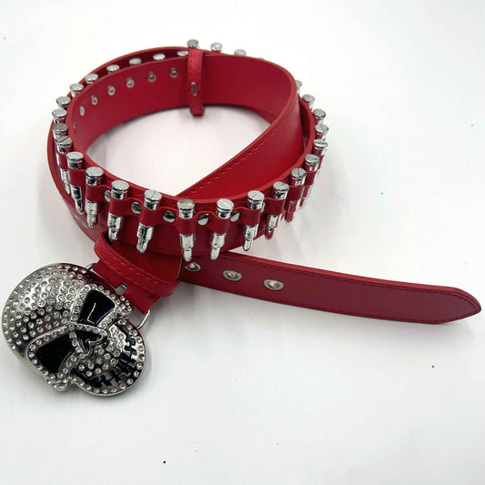 Skull Buckle with Red Bullets Strap Rhinestone Belt