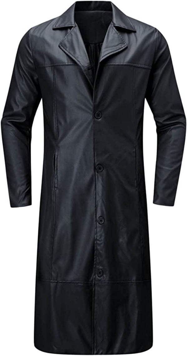 Black Button Closure Leather Long Coat