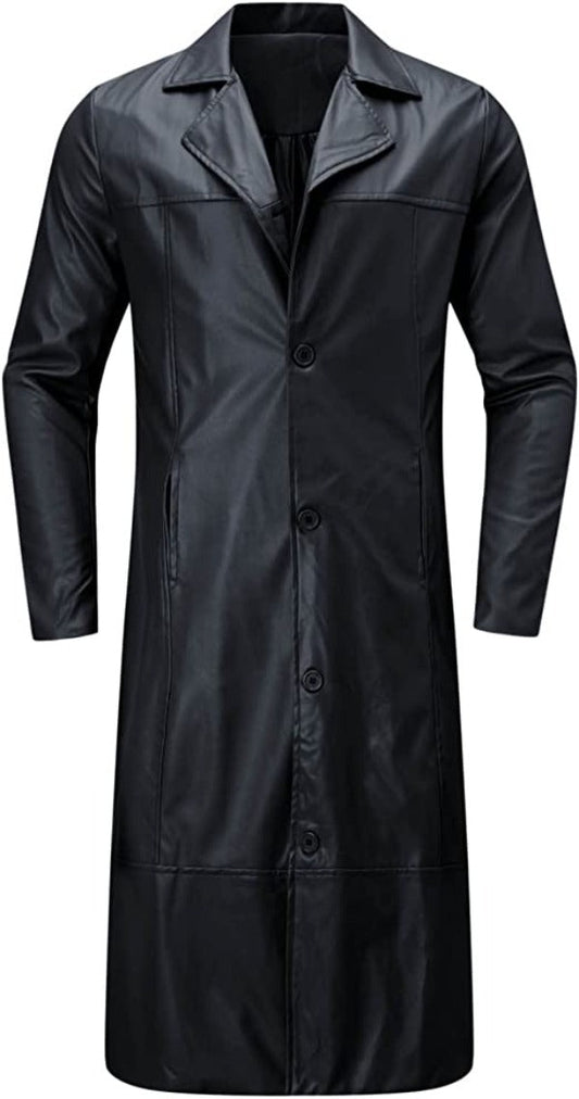 Black Button Closure Leather Long Coat