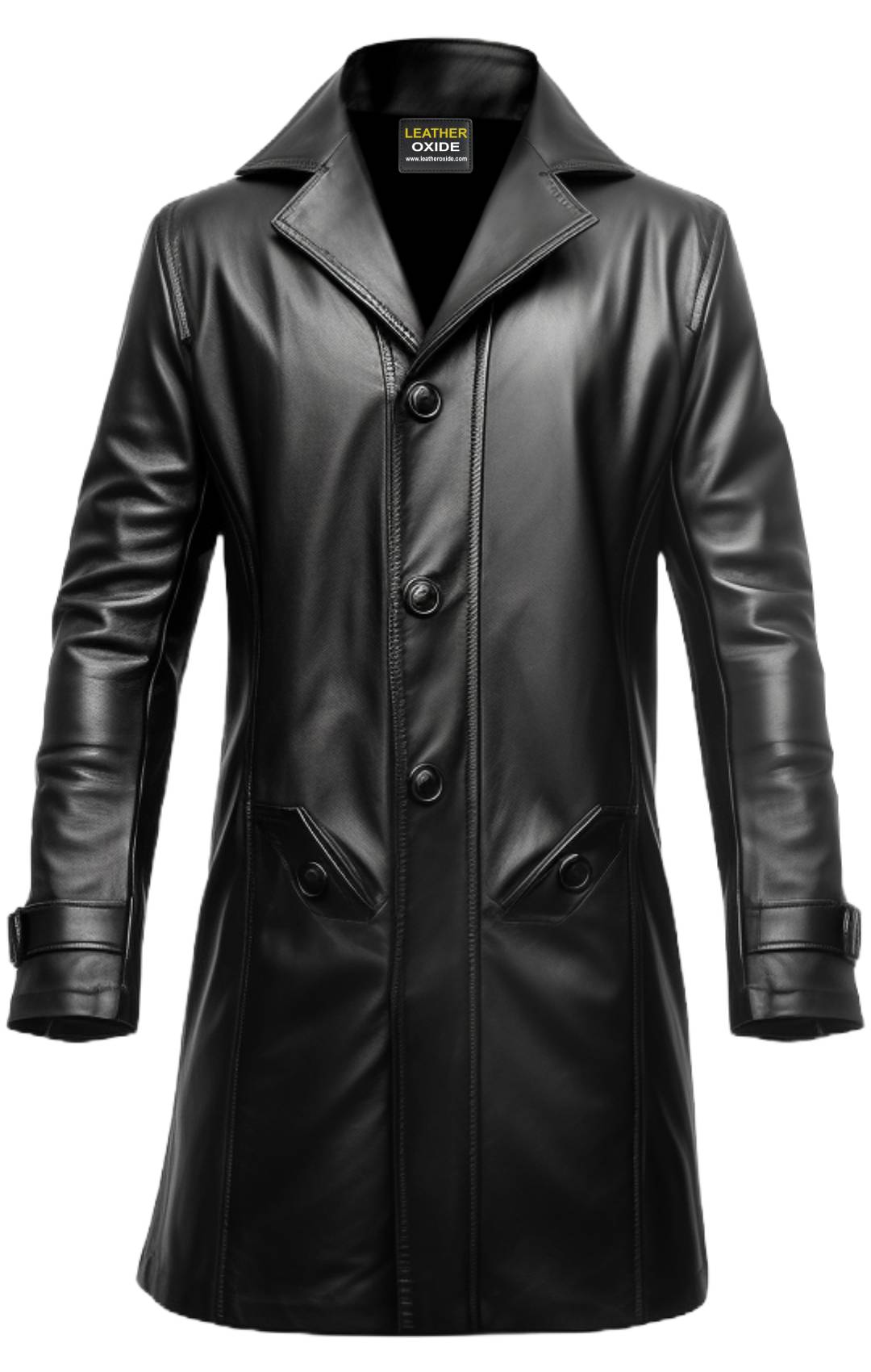 Black Button closure Long Leather Coat