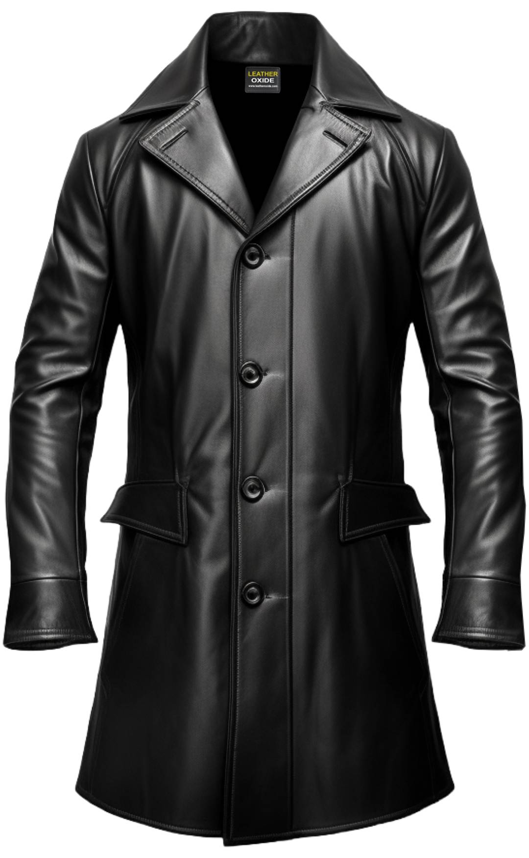 Black Strap Pocket Long Leather Coat