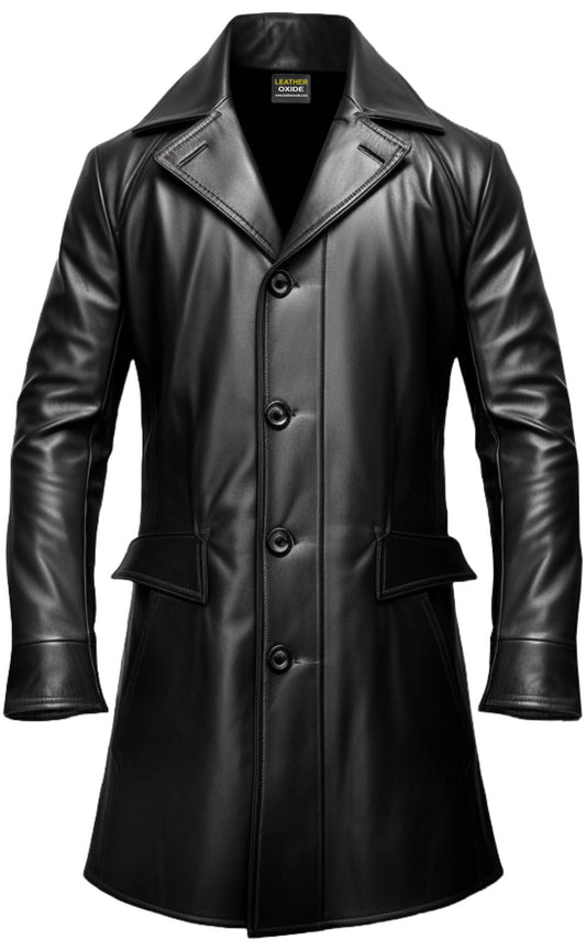 Black Strap Pocket Long Leather Coat