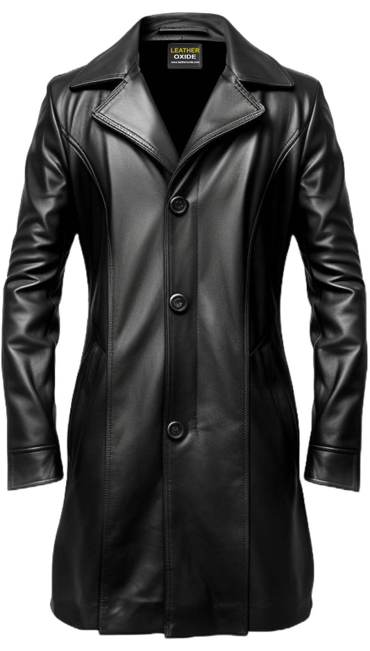 Black Stylish Button Long Leather Coat