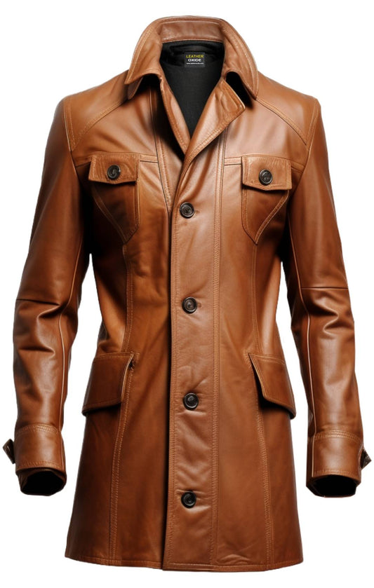 Brown Stylish Erect Style Leather Coat