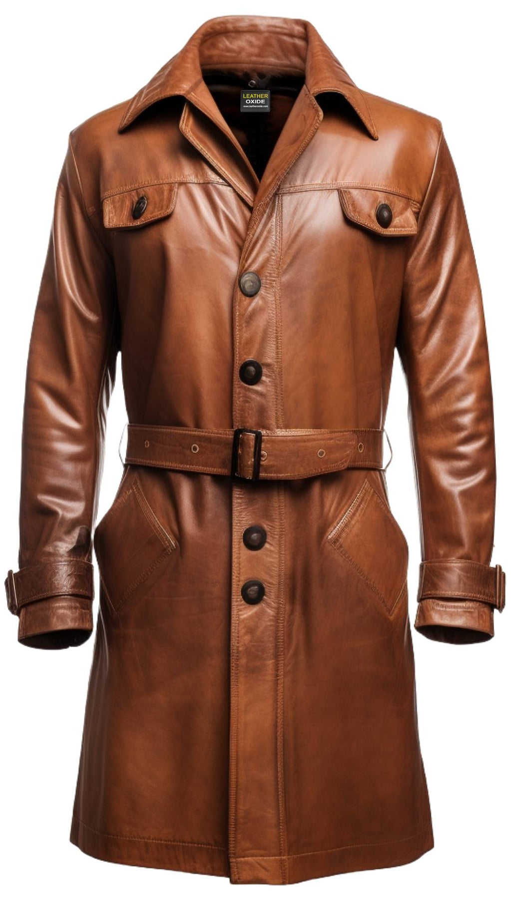 Brown Vintage Button Style Long Leather Coat