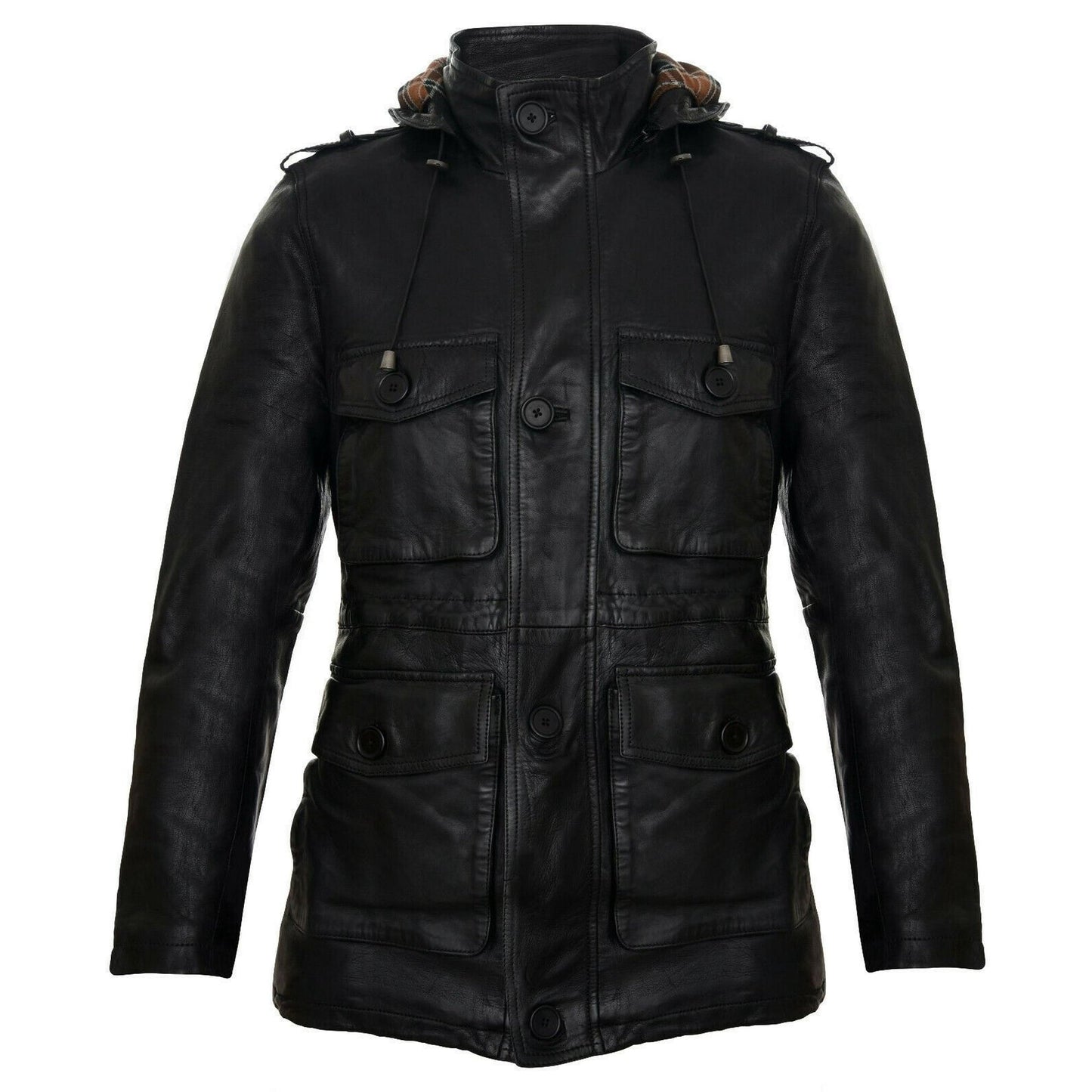 Black Hooded Classic LeatherTrench Overcoat