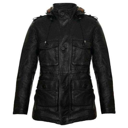 Black Hooded Classic LeatherTrench Overcoat