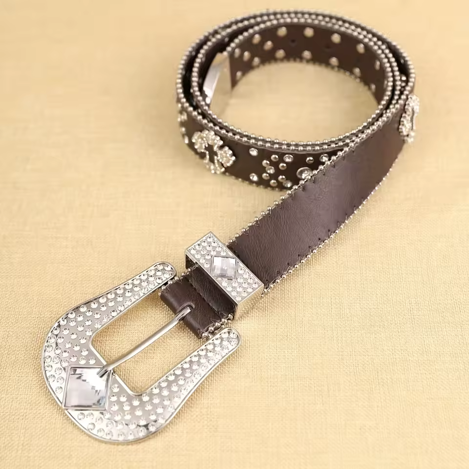 Women's PU Leather Bohemian Belt with Metal Fittings, Spot Drill, Cross Chain & Buckle