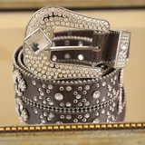 Women's PU Leather Bohemian Belt with Metal Fittings, Spot Drill, Cross Chain & Buckle