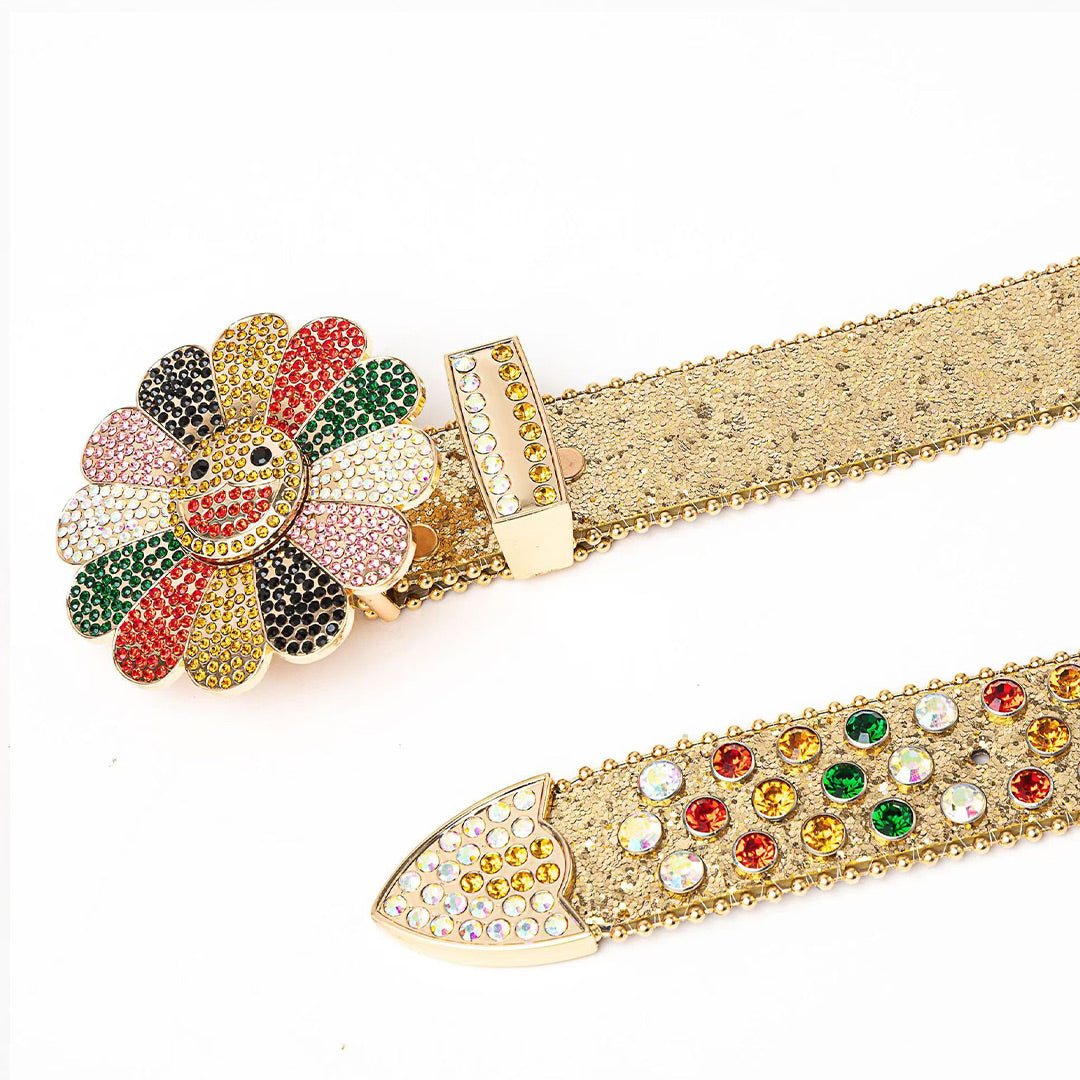 Flower Buckle Gold Strap Multi Color Studded Rhinestone Belt