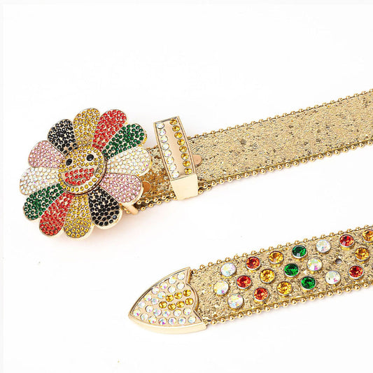 Flower Buckle Gold Strap Multi Color Studded Rhinestone Belt