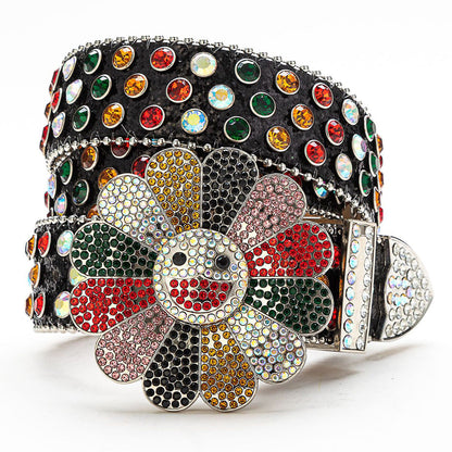 Flower Buckle Black Strap Multi Color Studded Rhinestone Belt