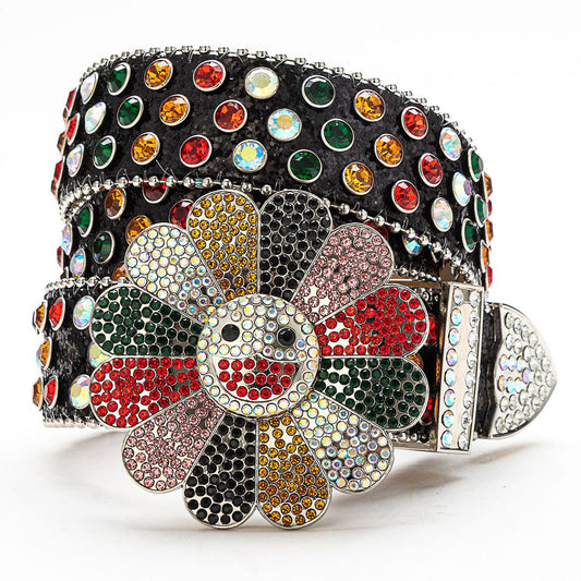 Flower Buckle Black Strap Multi Color Studded Rhinestone Belt
