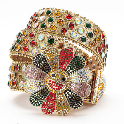 Flower Buckle Gold Strap Multi Color Studded Rhinestone Belt