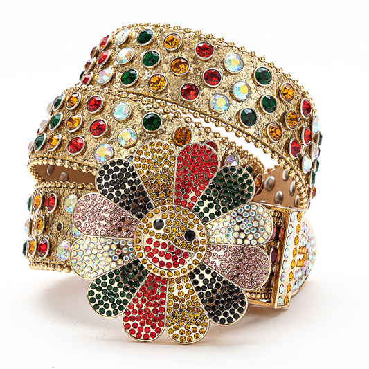 Flower Buckle Gold Strap Multi Color Studded Rhinestone Belt