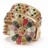 Flower Buckle Gold Strap Multi Color Studded Rhinestone Belt