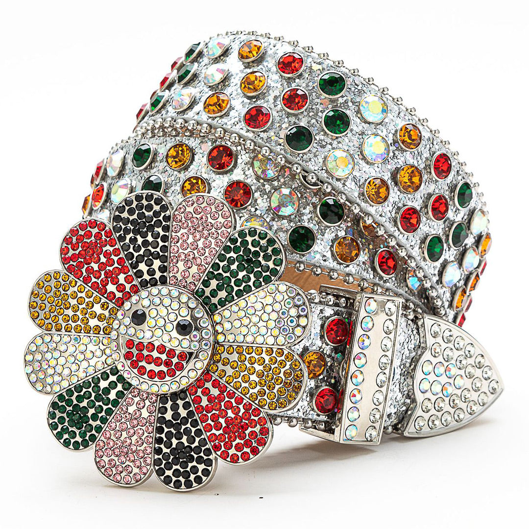 Flower Buckle Silver Strap Multi Color Studded Rhinestone Belt