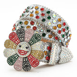 Flower Buckle Silver Strap Multi Color Studded Rhinestone Belt