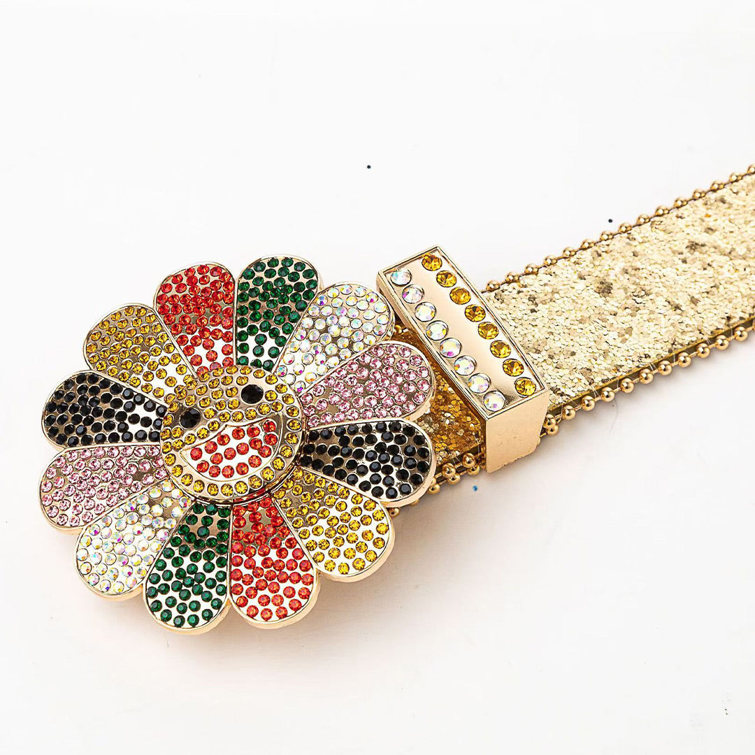 Flower Buckle Gold Strap Multi Color Studded Rhinestone Belt