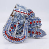 Engraved Buckle Ruby Strap Blue & Red Studded Rhinestone Belt