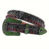 Skull Buckle Black Strap With Black,Red & Green Studded Rhinestone Belt