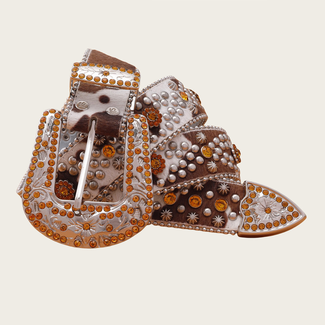 Engraved Buckle Cow Skin Style Strap Gold Studded Rhinestone Belt