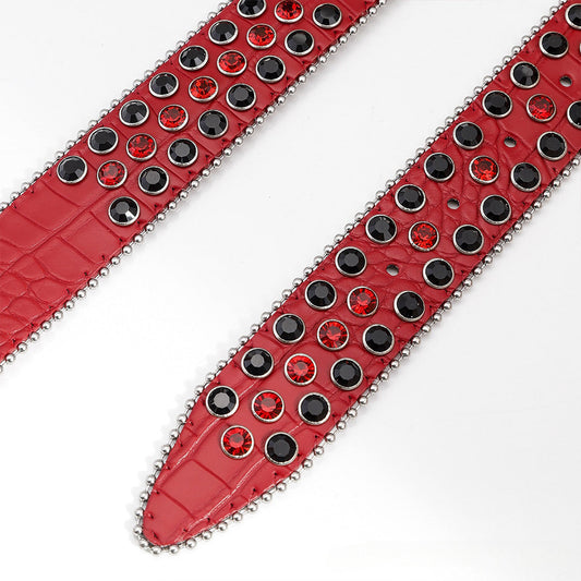 Skull Buckle Red Strap With Black And Red Studded Rhinestone Belt