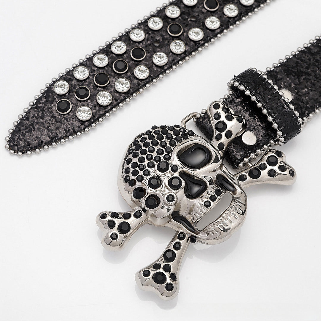 Skull Buckle Black Strap With Black And White Studded Rhinestone Belt