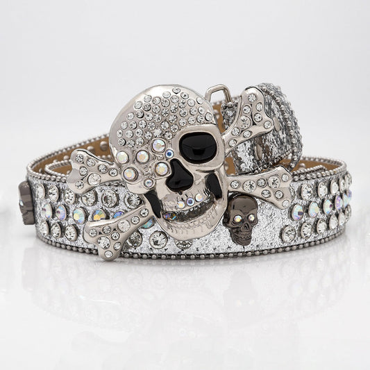 Skull Buckle Silver Shiny Strap With Crystal Studded Rhinestone Belt