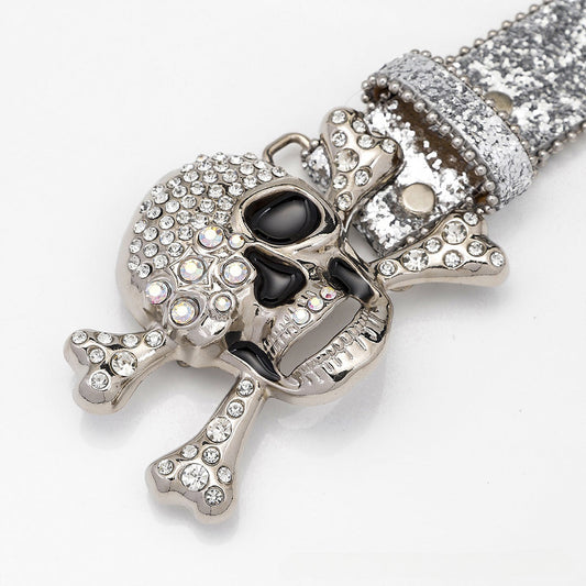 Skull Buckle Silver Shiny Strap With Crystal Studded Rhinestone Belt