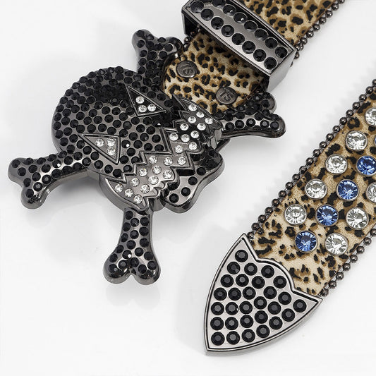 Gengar Buckle Leopard Strap With Black Studded Rhinestone Belt