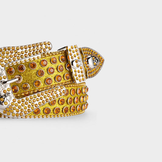 Skull Buckle Gold Shiny Strap With Gold Crystal Studded Rhinestone Belt