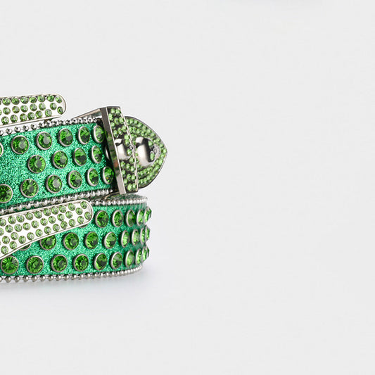 Skull Buckle Green Shiny Strap With Green Crystal Studded Rhinestone Belt