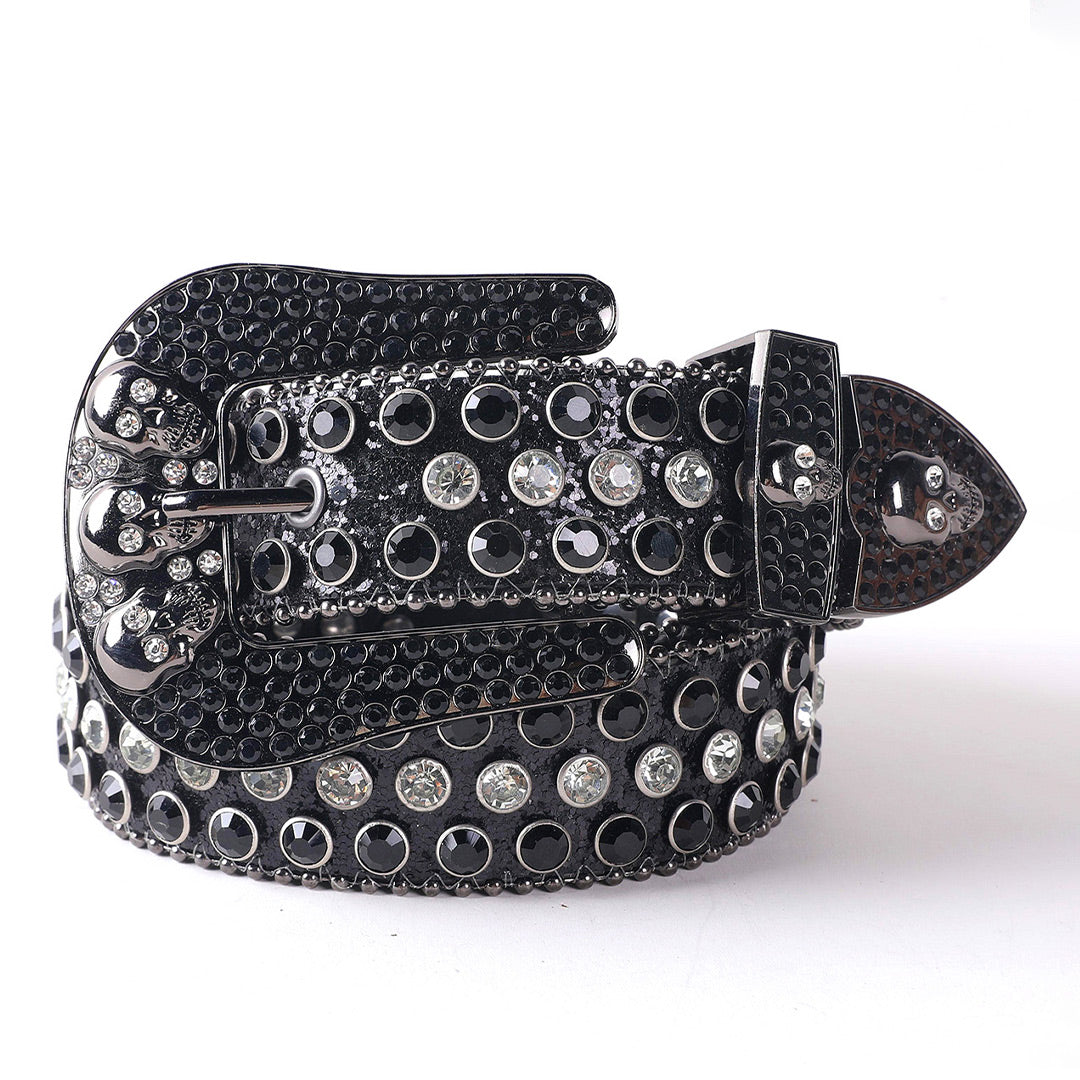 Skull Buckle Black Strap With Black & White Studded Rhinestone Belt