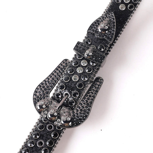 Skull Buckle Black Strap With Black & White Studded Rhinestone Belt